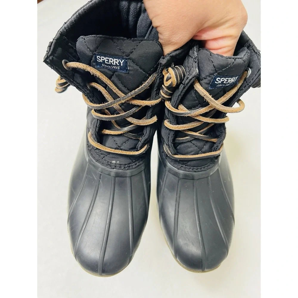 Sperry Top Sider Saltwater Duck Kids Girls Rain Black Ankle Lace Up Zip Boots 4M